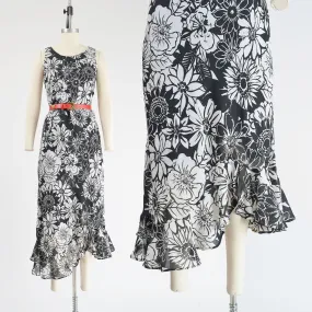 Vintage 90s Black and White Floral High Low Ruffle Maxi Party Dress Deadstock size M