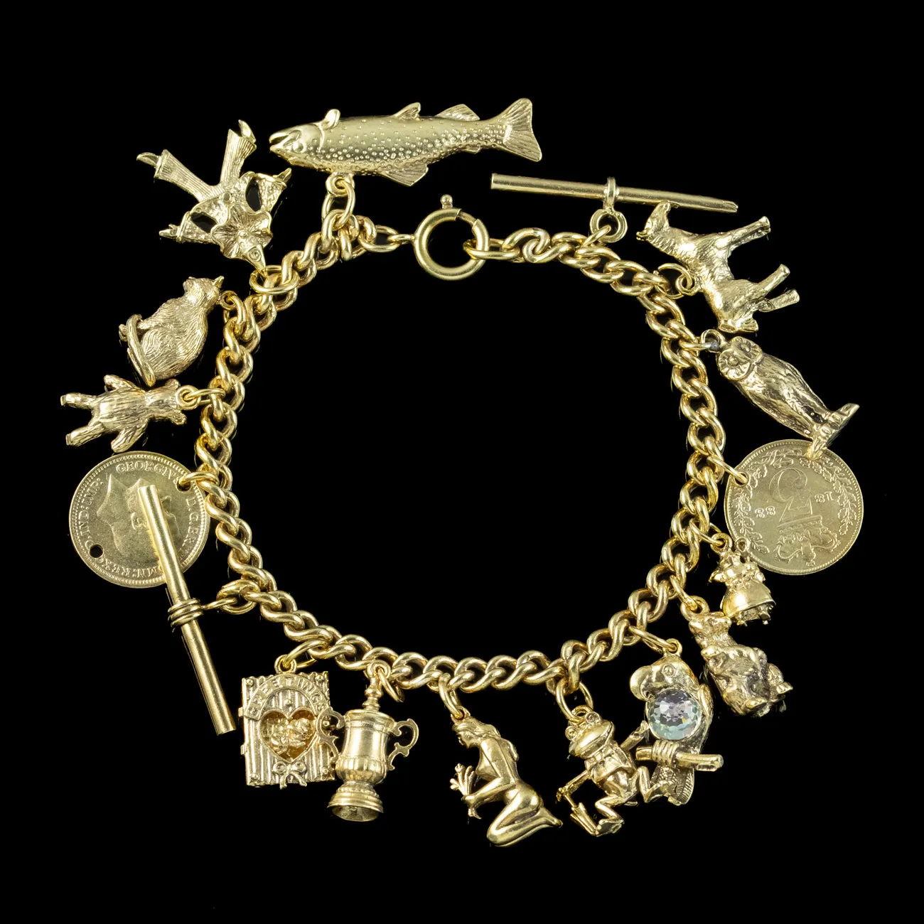 Vintage Charm Curb Bracelet Silver Gilt Seventeen Charms