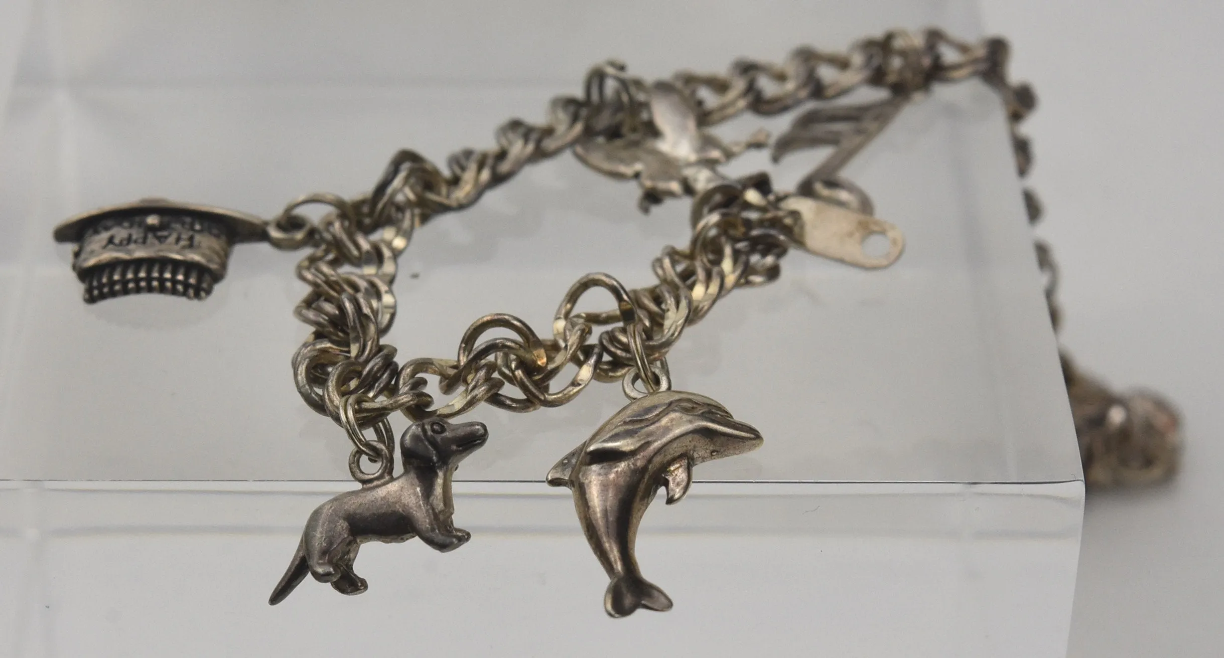 Vintage Sterling Silver Charm Bracelet with Dolphin, Dachshund, Fairy, and More! - 8.25"