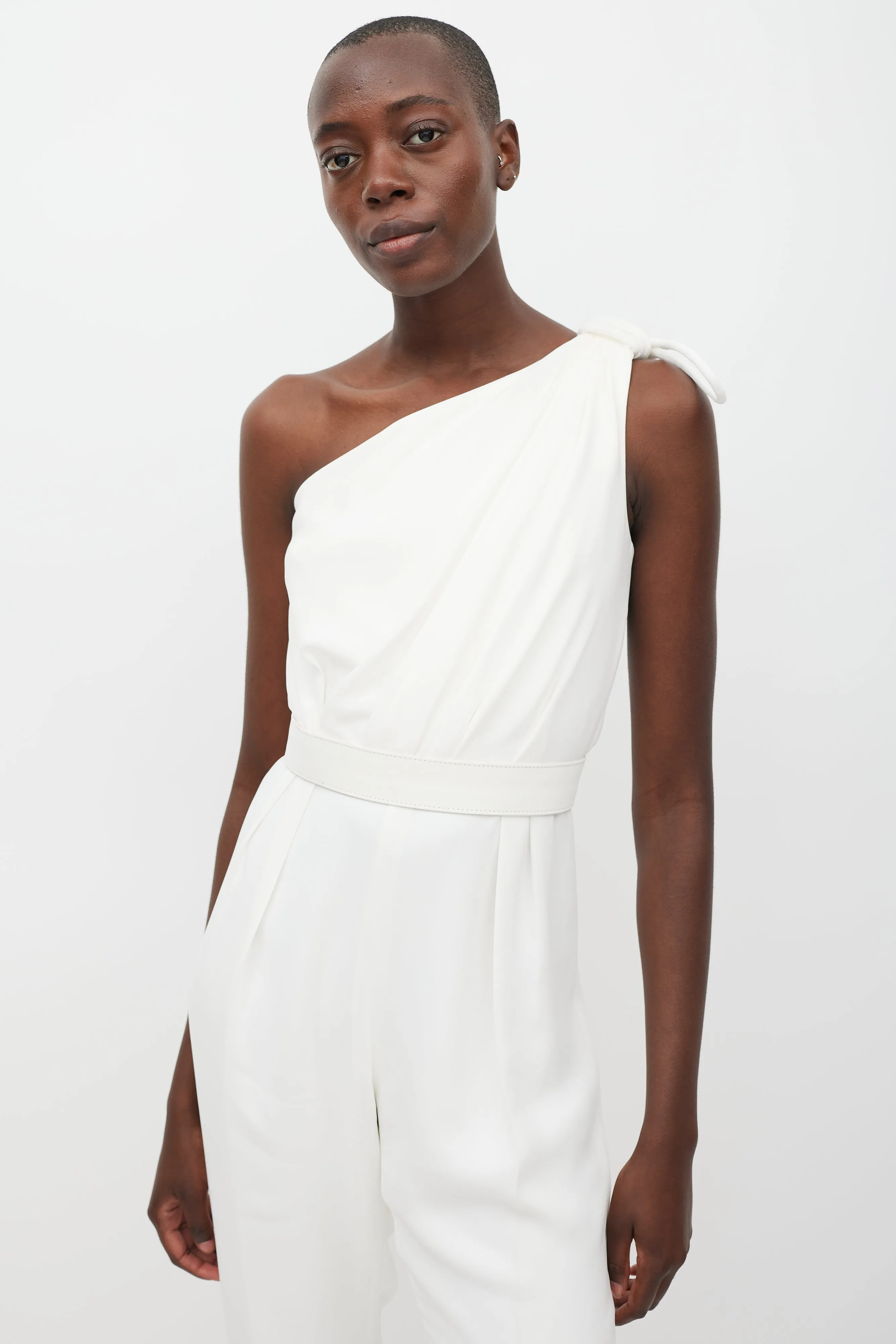 White One Shoulder Belted Jumpsuit