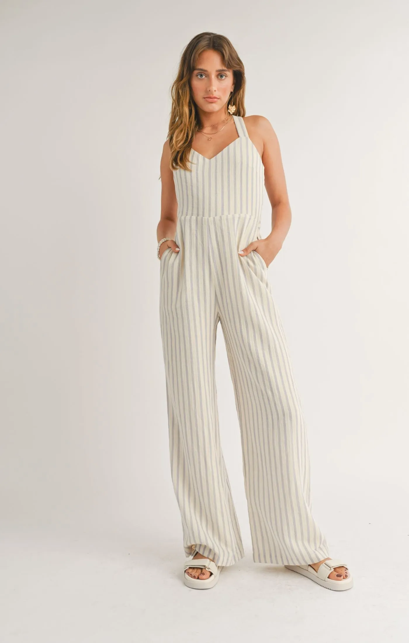 White Sand Crisscross Tied Back Jumpsuit | Sky Ivory