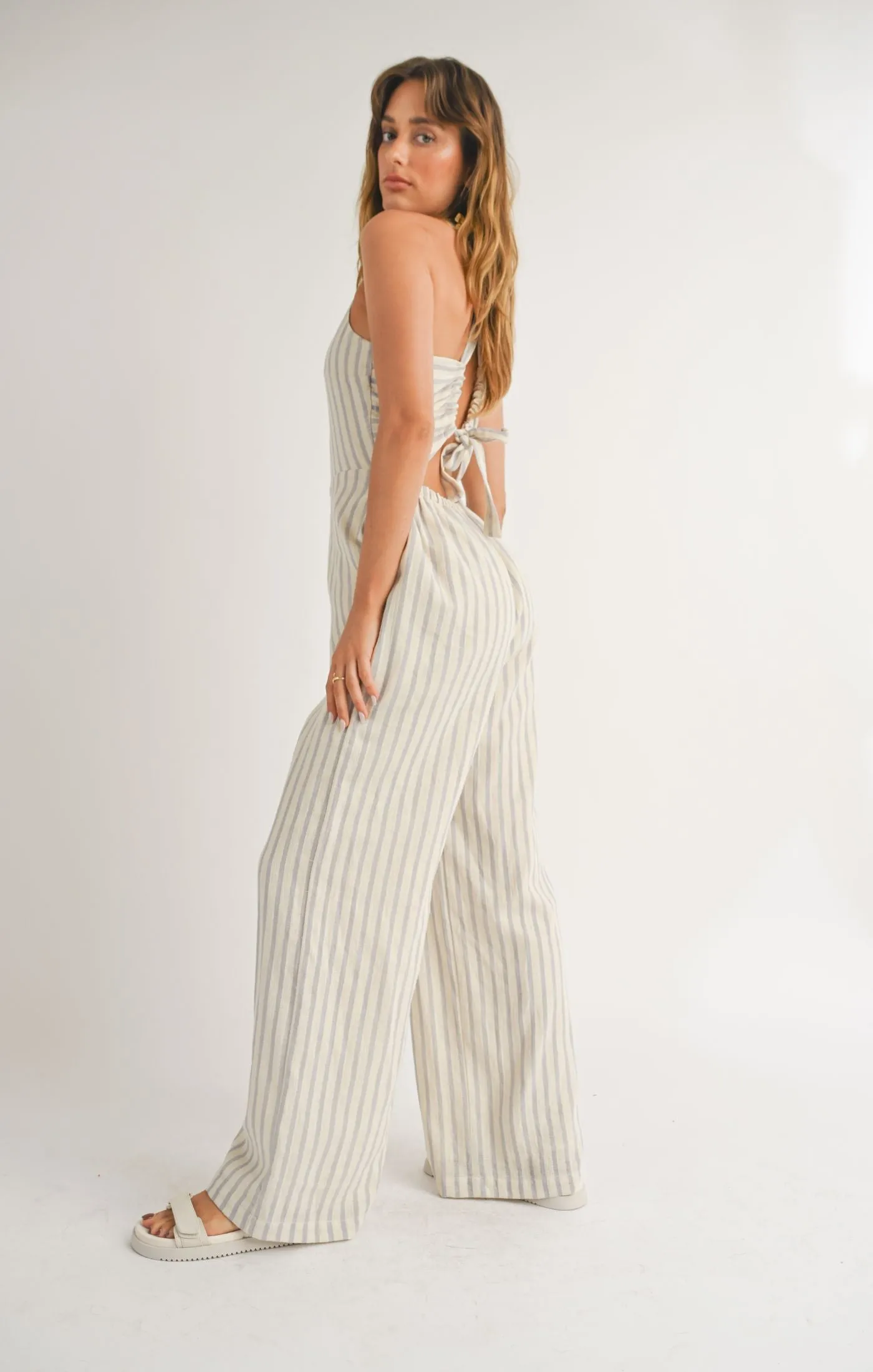 White Sand Crisscross Tied Back Jumpsuit | Sky Ivory