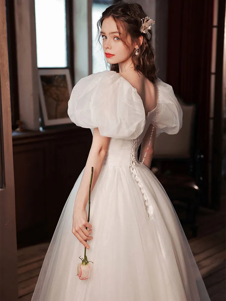 White Tulle Puffy Sleeves Long Prom Dress, White Tulle Sweet 16 Dresses