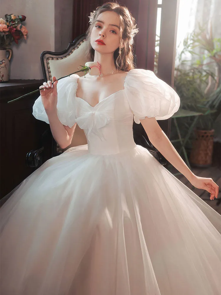 White Tulle Puffy Sleeves Long Prom Dress, White Tulle Sweet 16 Dresses