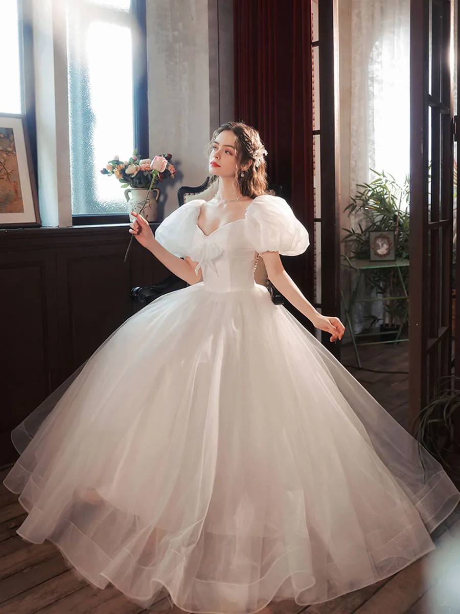 White Tulle Puffy Sleeves Long Prom Dress, White Tulle Sweet 16 Dresses