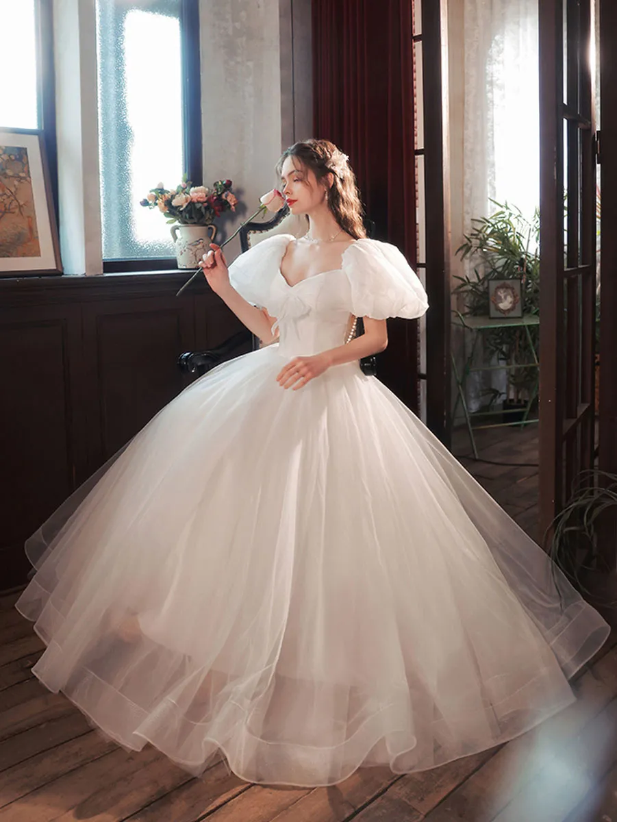 White Tulle Puffy Sleeves Long Prom Dress, White Tulle Sweet 16 Dresses