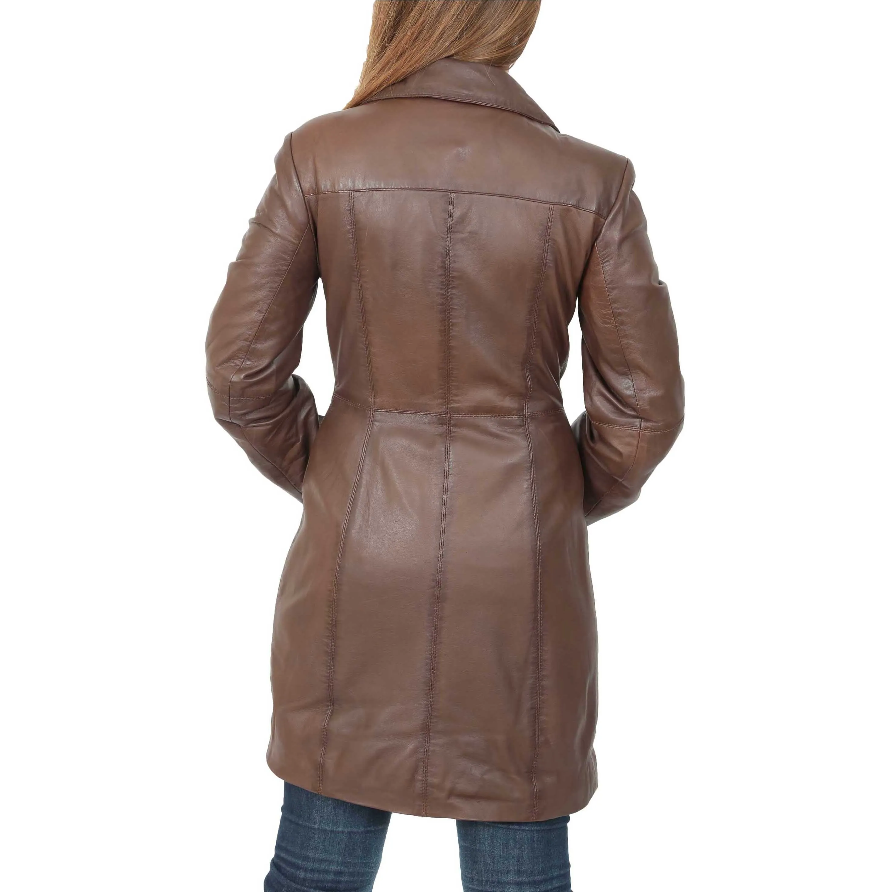 Womens 3/4 Button Fasten Leather Coat Cynthia Brown