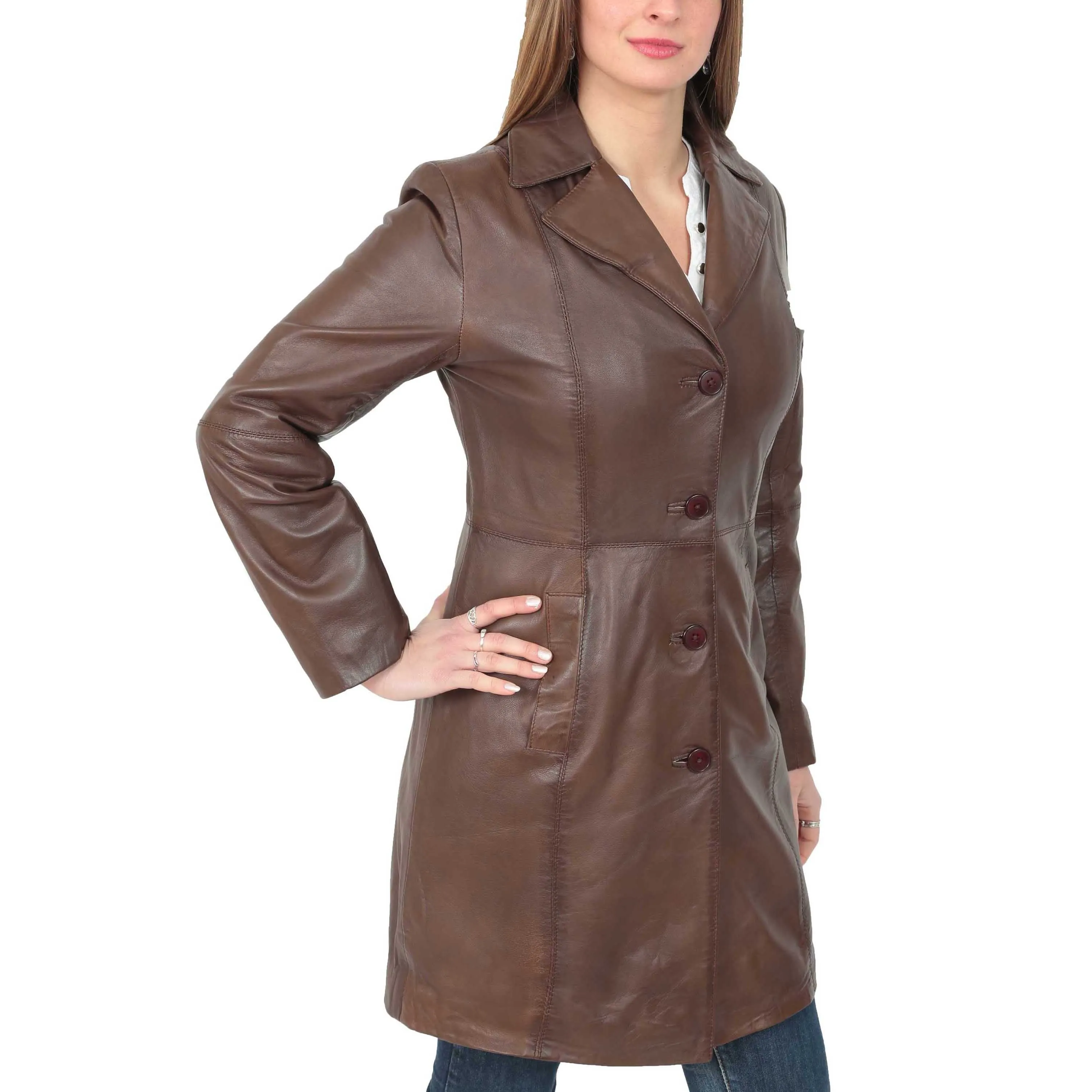 Womens 3/4 Button Fasten Leather Coat Cynthia Brown