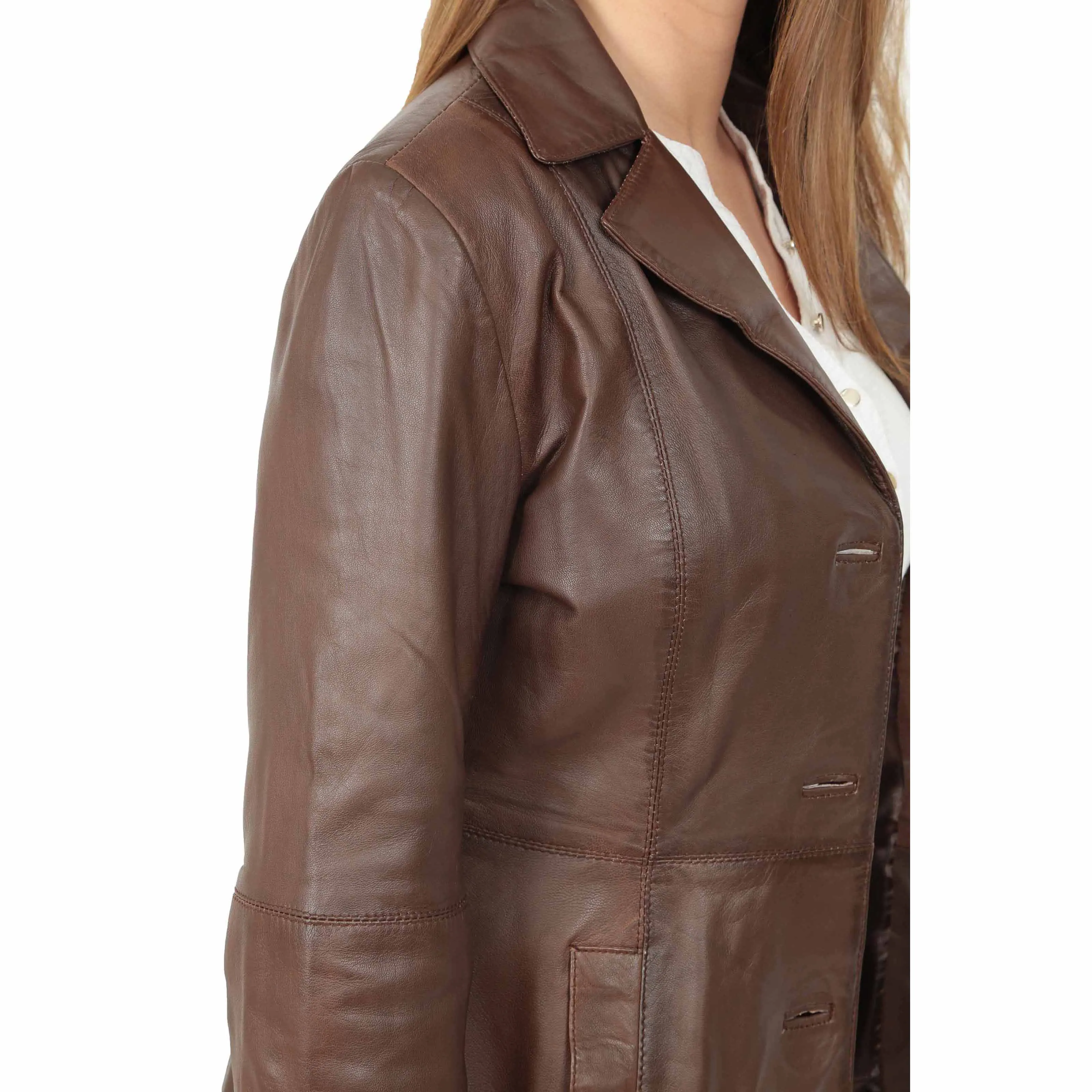 Womens 3/4 Button Fasten Leather Coat Cynthia Brown