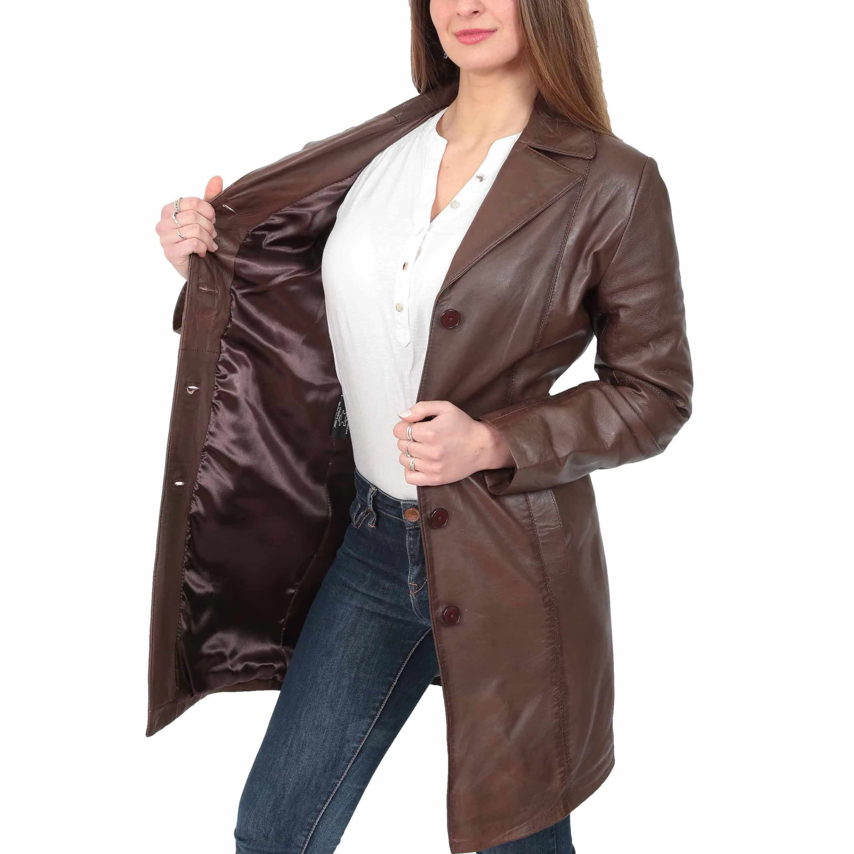 Womens 3/4 Button Fasten Leather Coat Cynthia Brown