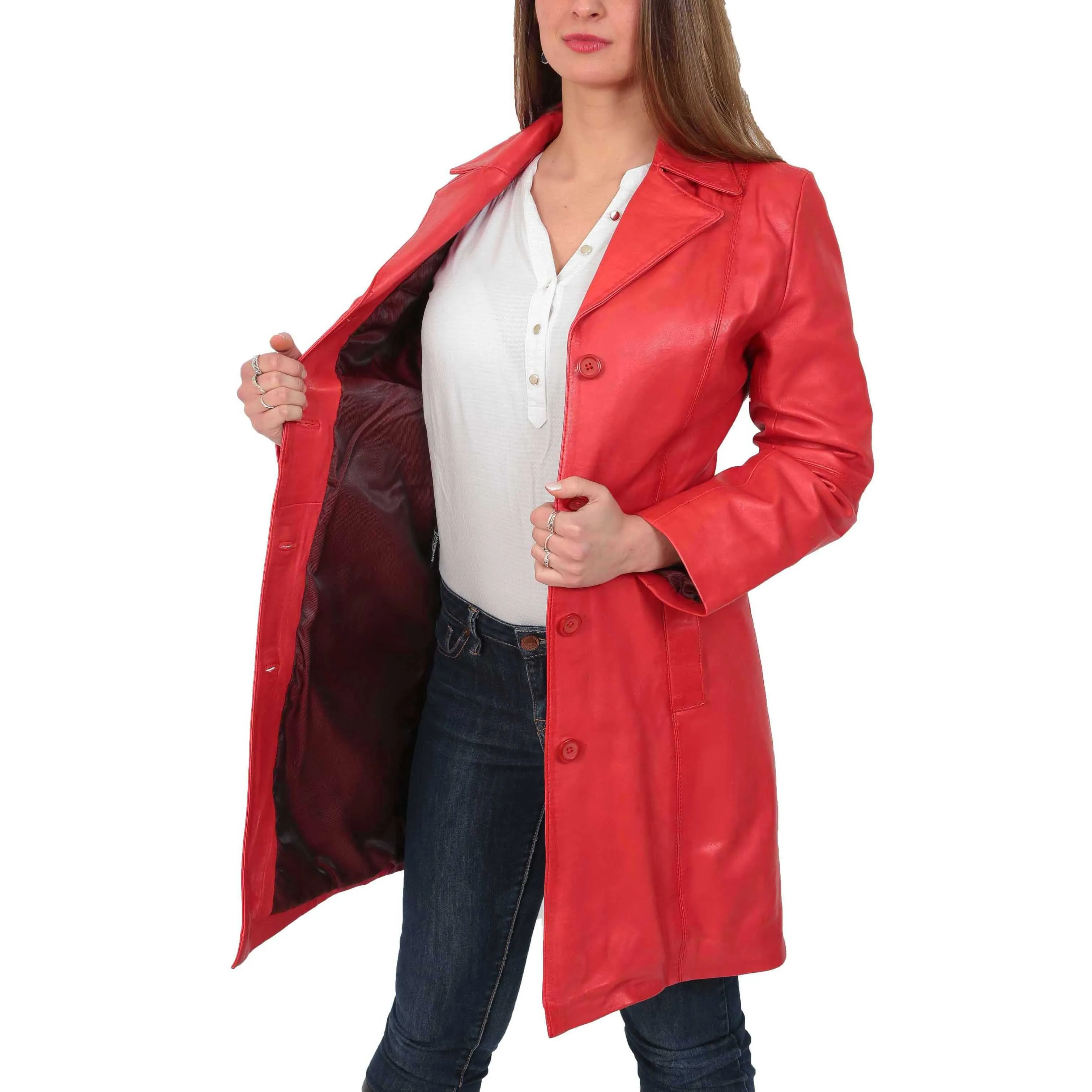 Womens 3/4 Button Fasten Leather Coat Cynthia Red