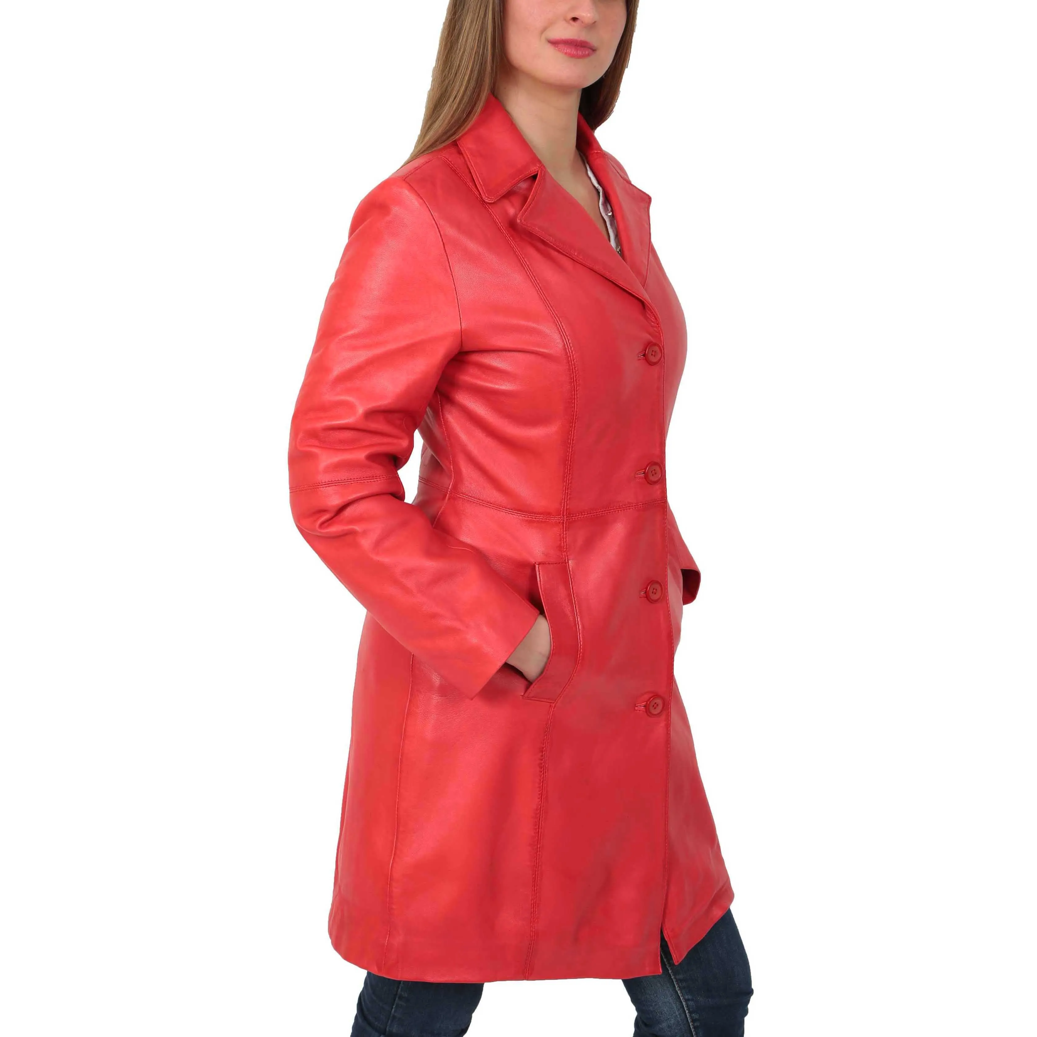 Womens 3/4 Button Fasten Leather Coat Cynthia Red