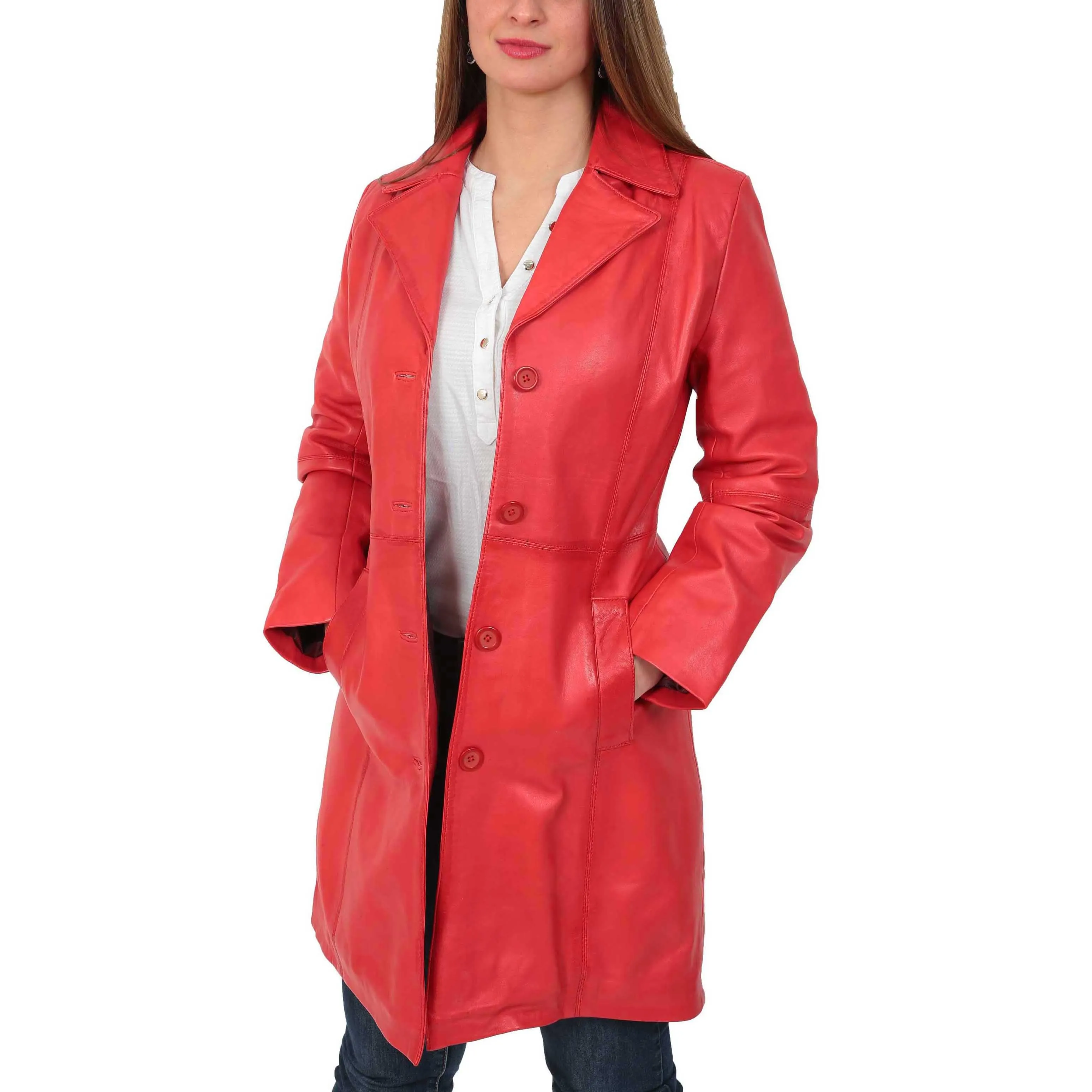 Womens 3/4 Button Fasten Leather Coat Cynthia Red