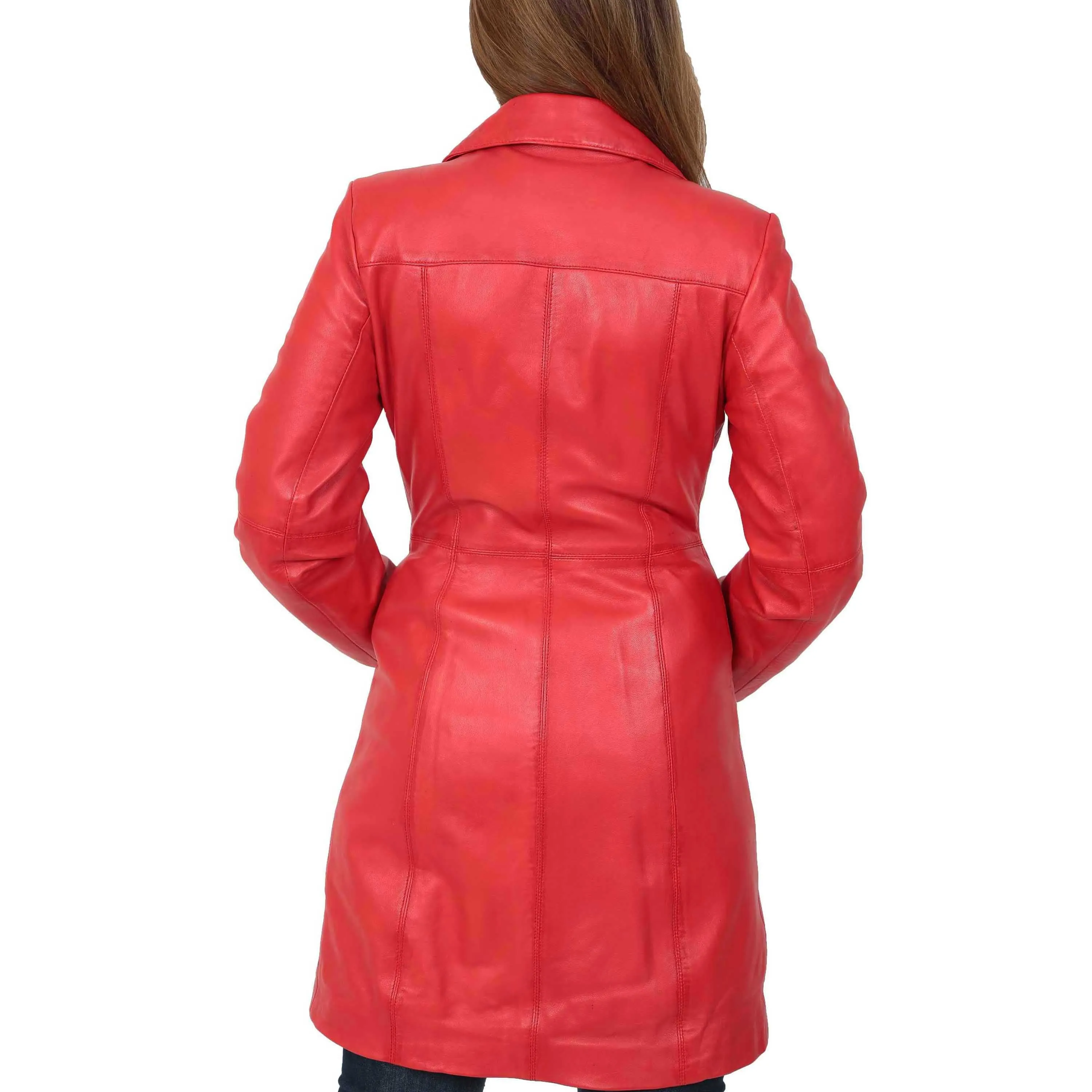 Womens 3/4 Button Fasten Leather Coat Cynthia Red