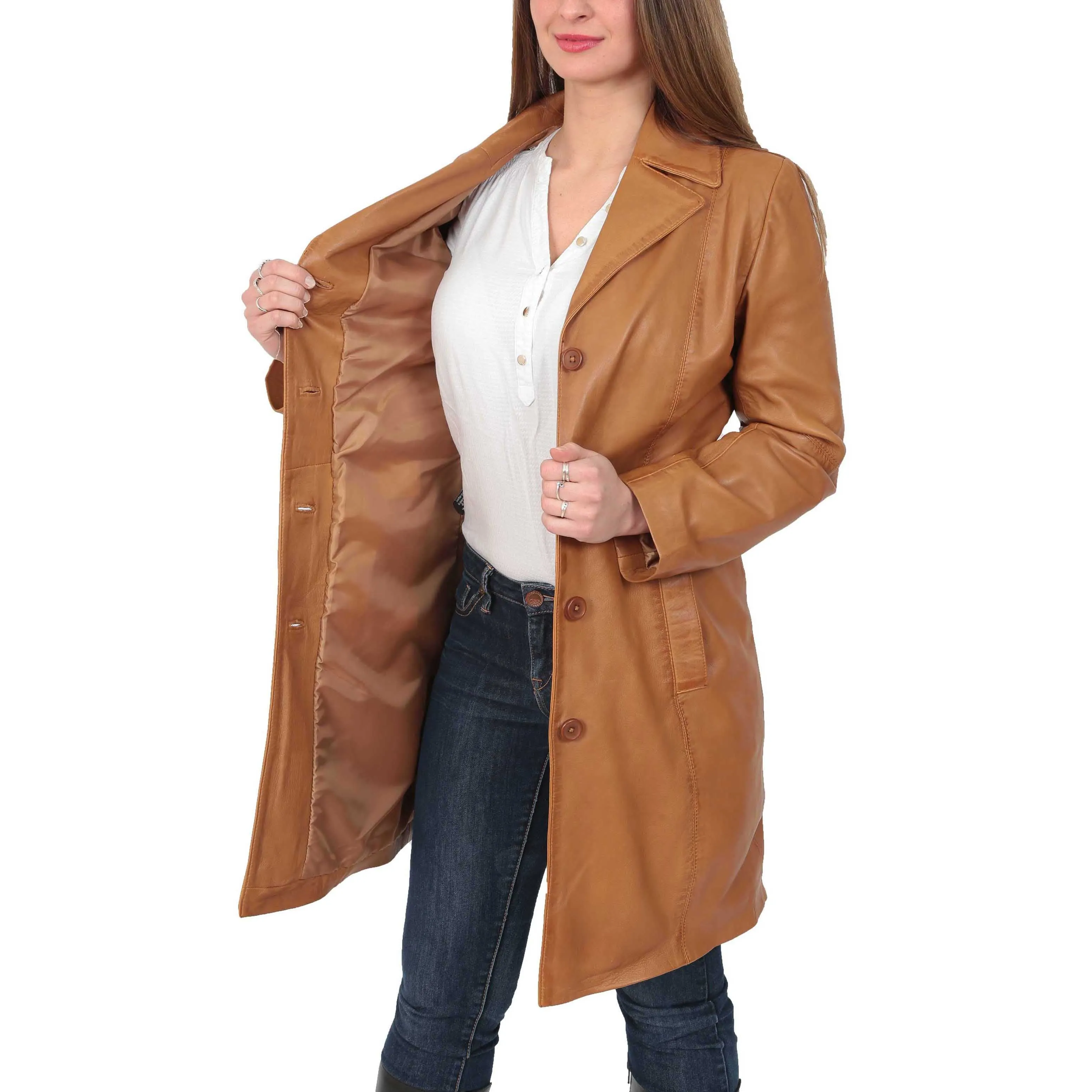 Womens 3/4 Button Fasten Leather Coat Cynthia Tan