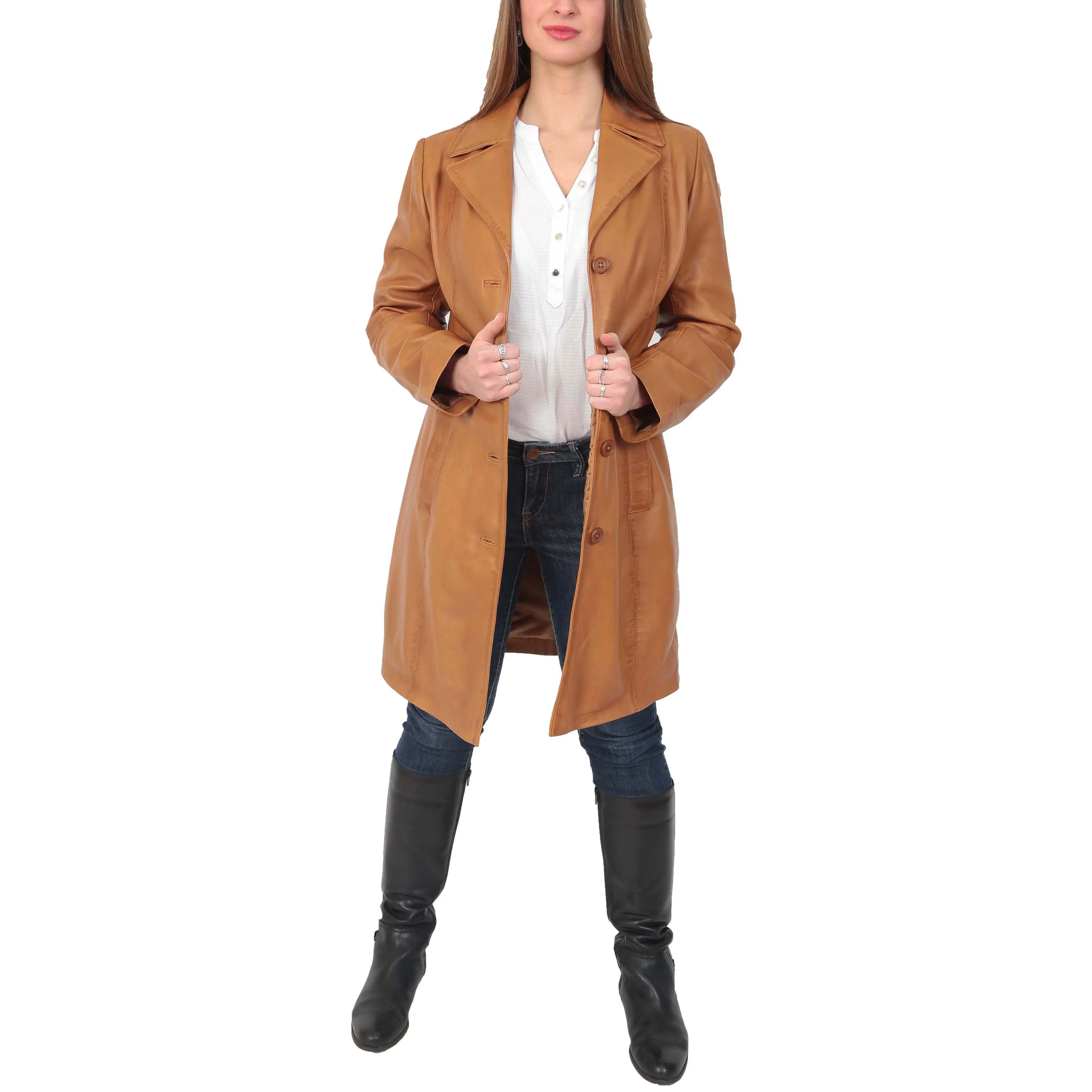 Womens 3/4 Button Fasten Leather Coat Cynthia Tan