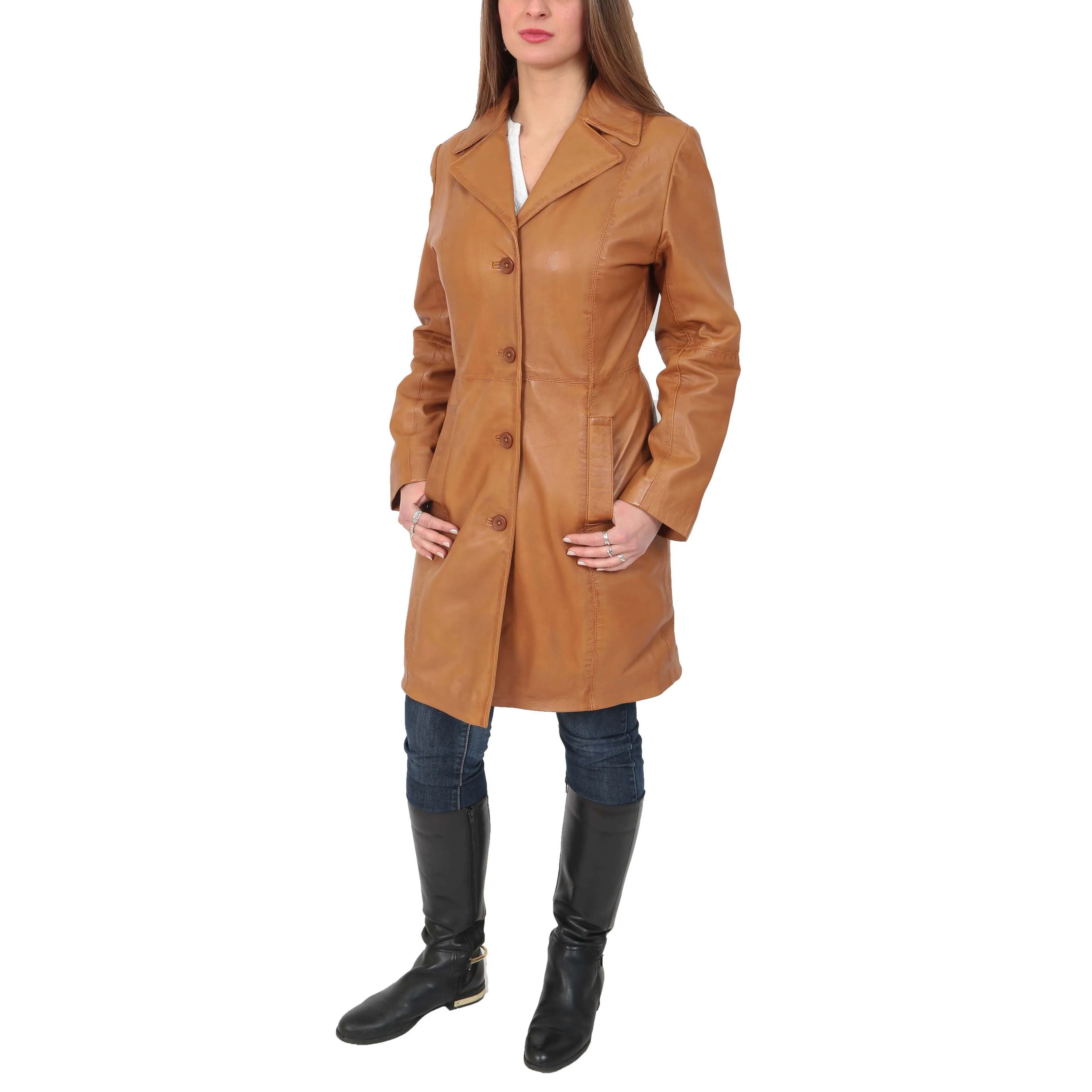 Womens 3/4 Button Fasten Leather Coat Cynthia Tan