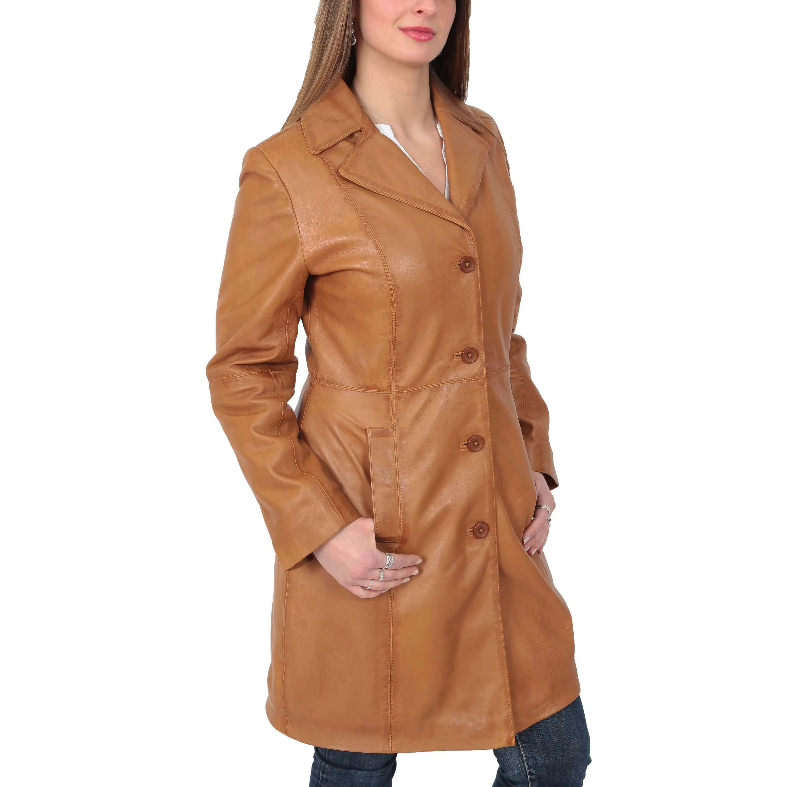 Womens 3/4 Button Fasten Leather Coat Cynthia Tan