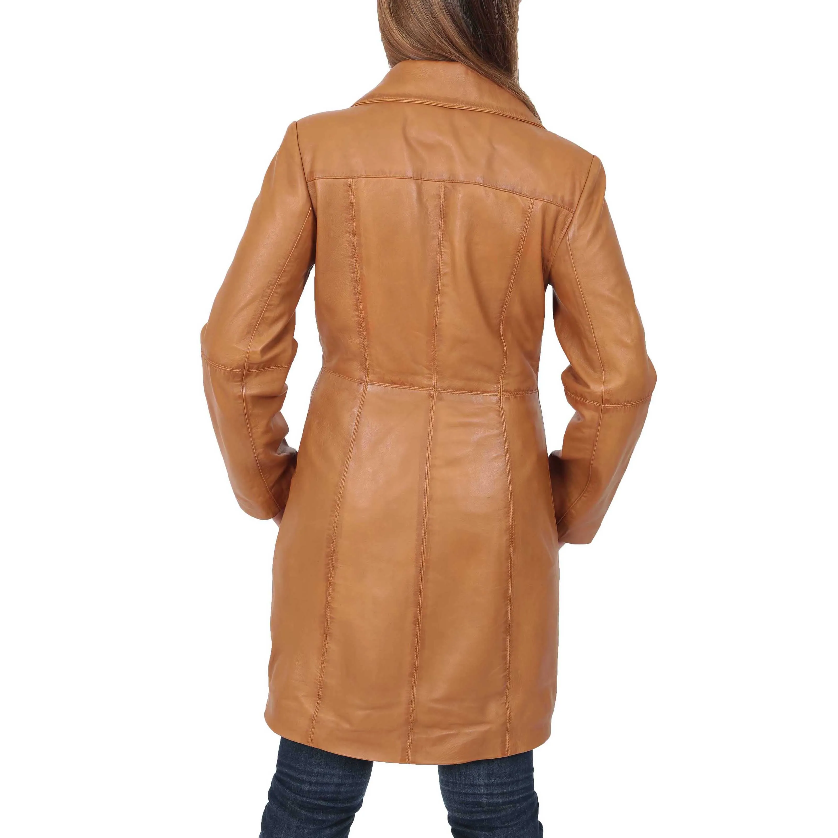 Womens 3/4 Button Fasten Leather Coat Cynthia Tan