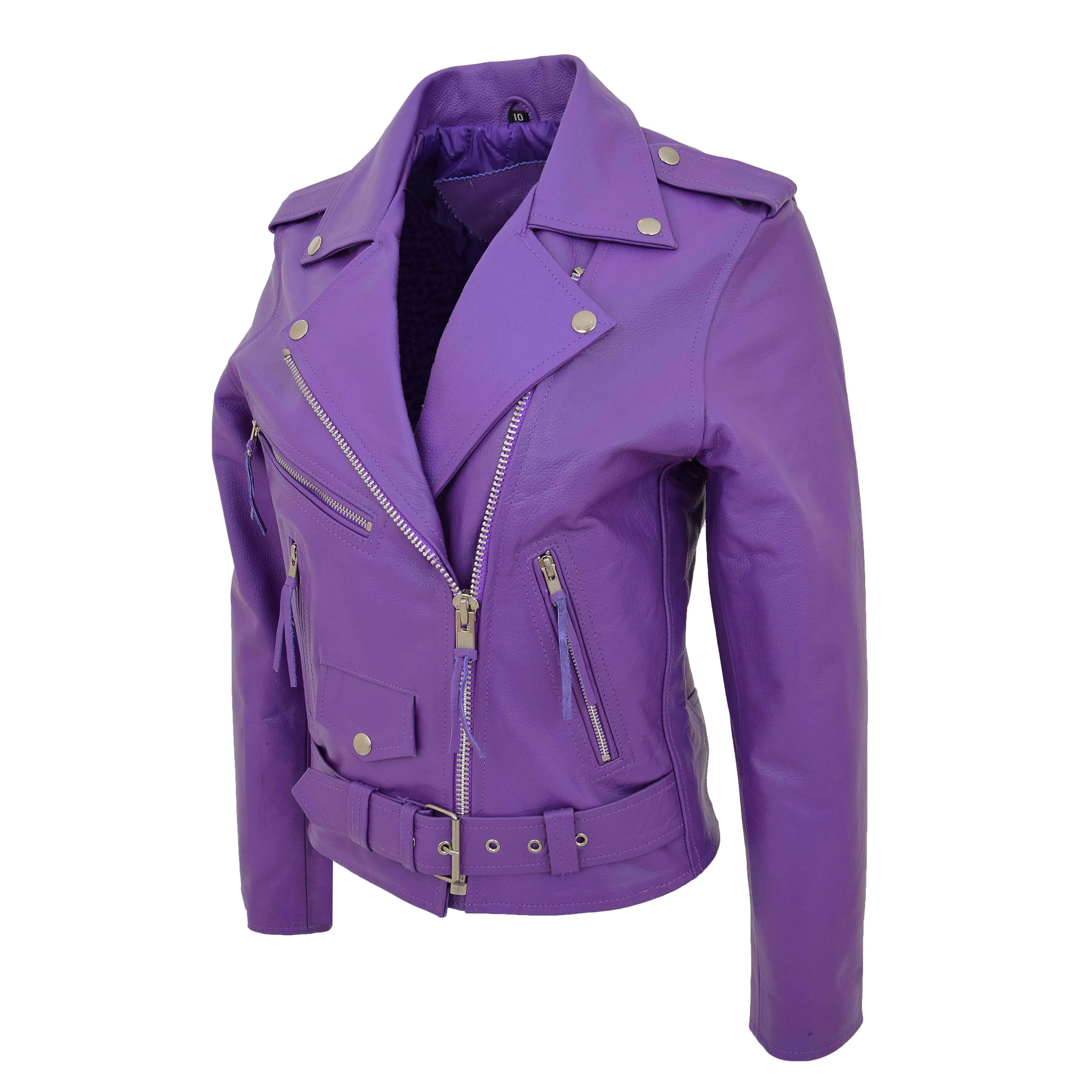 Womens Cowhide Biker Leather Jacket Brando Style Coat Helen Lilac