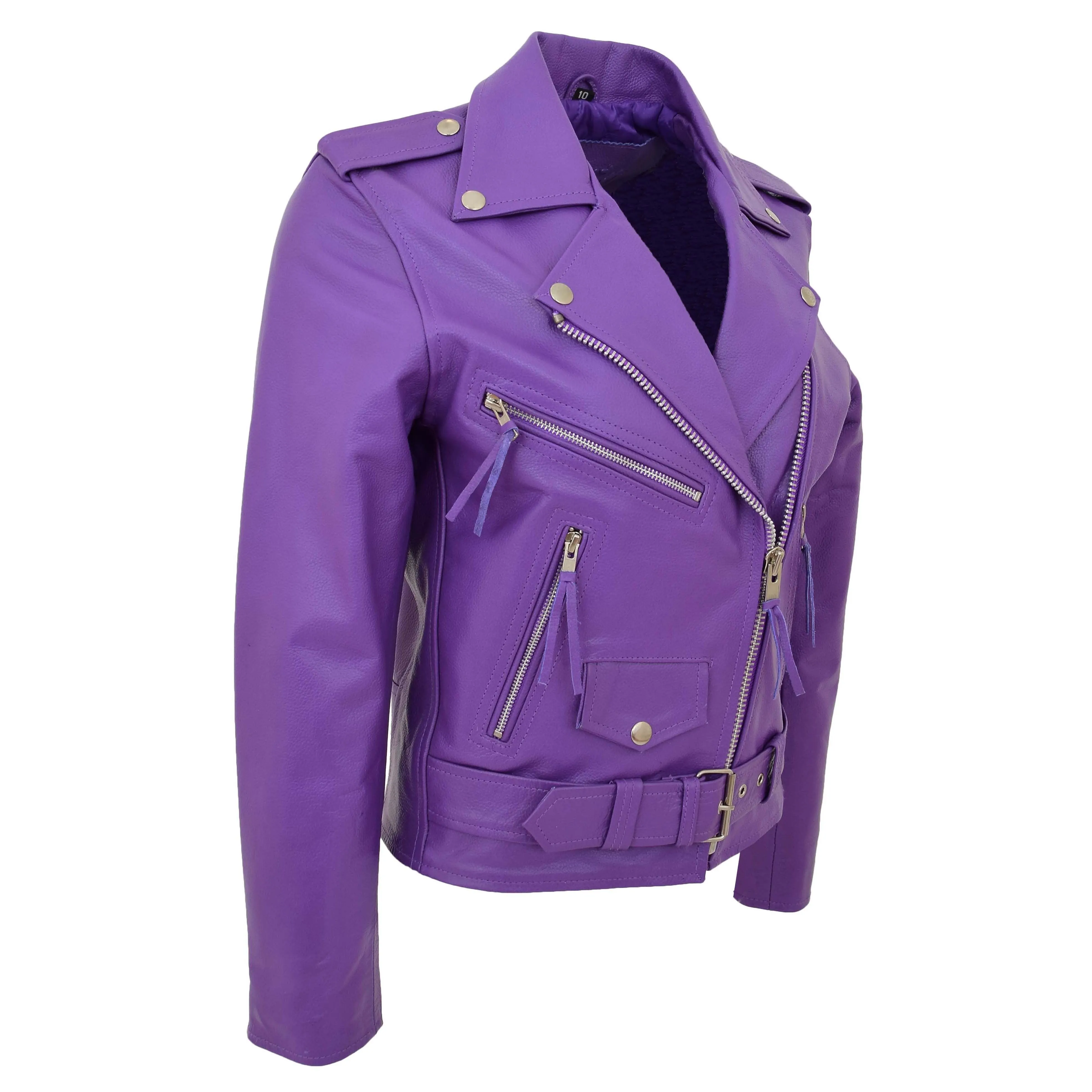 Womens Cowhide Biker Leather Jacket Brando Style Coat Helen Lilac