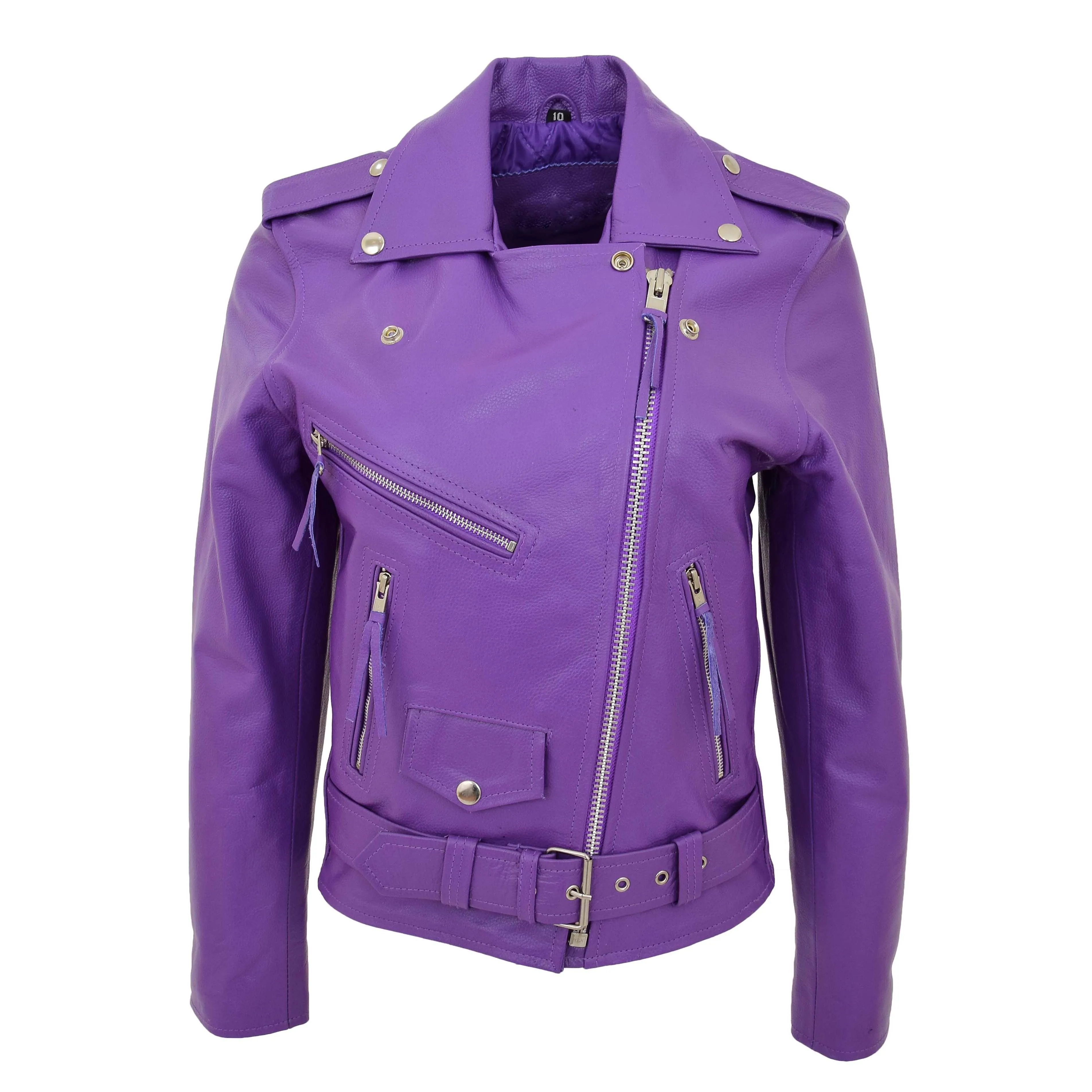 Womens Cowhide Biker Leather Jacket Brando Style Coat Helen Lilac