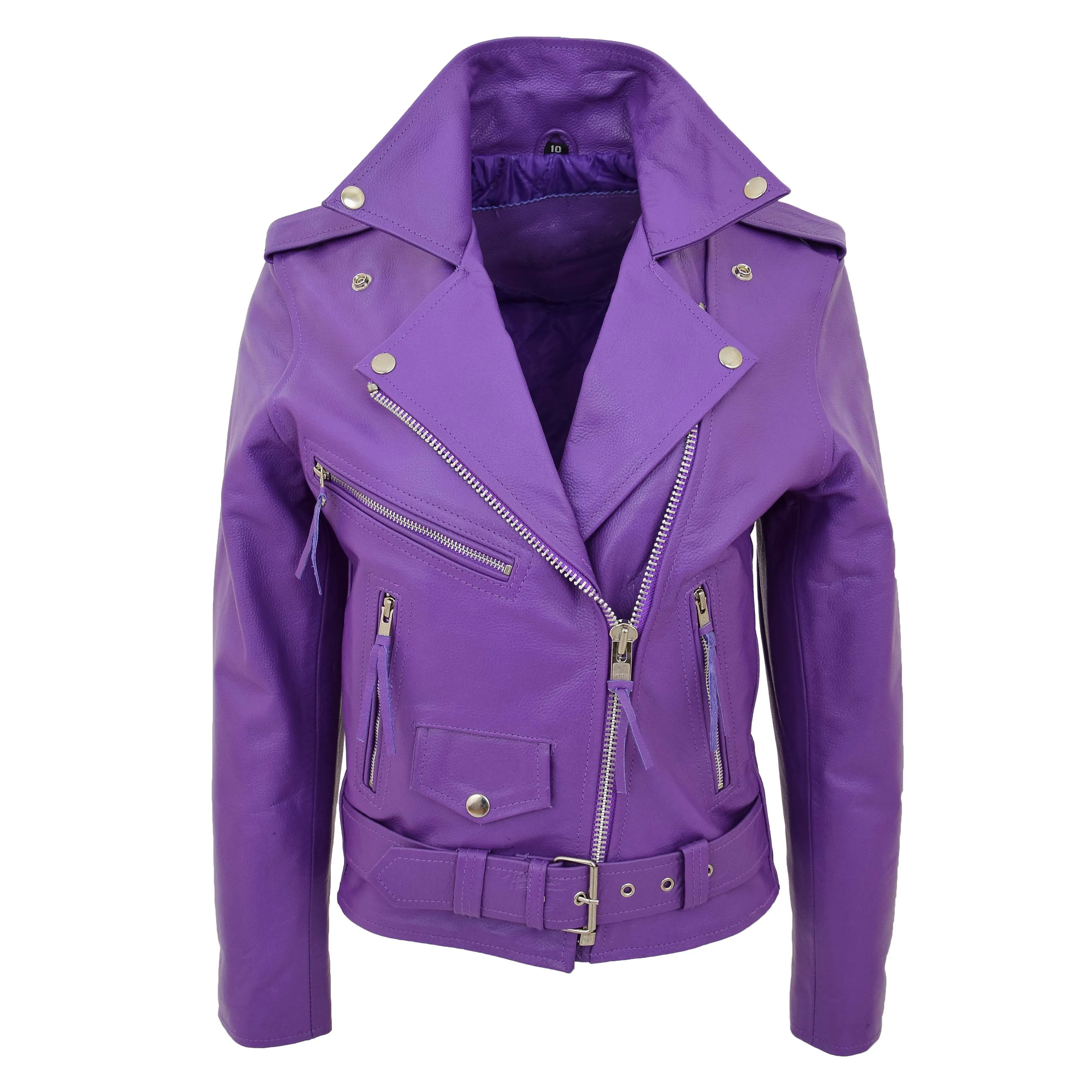 Womens Cowhide Biker Leather Jacket Brando Style Coat Helen Lilac