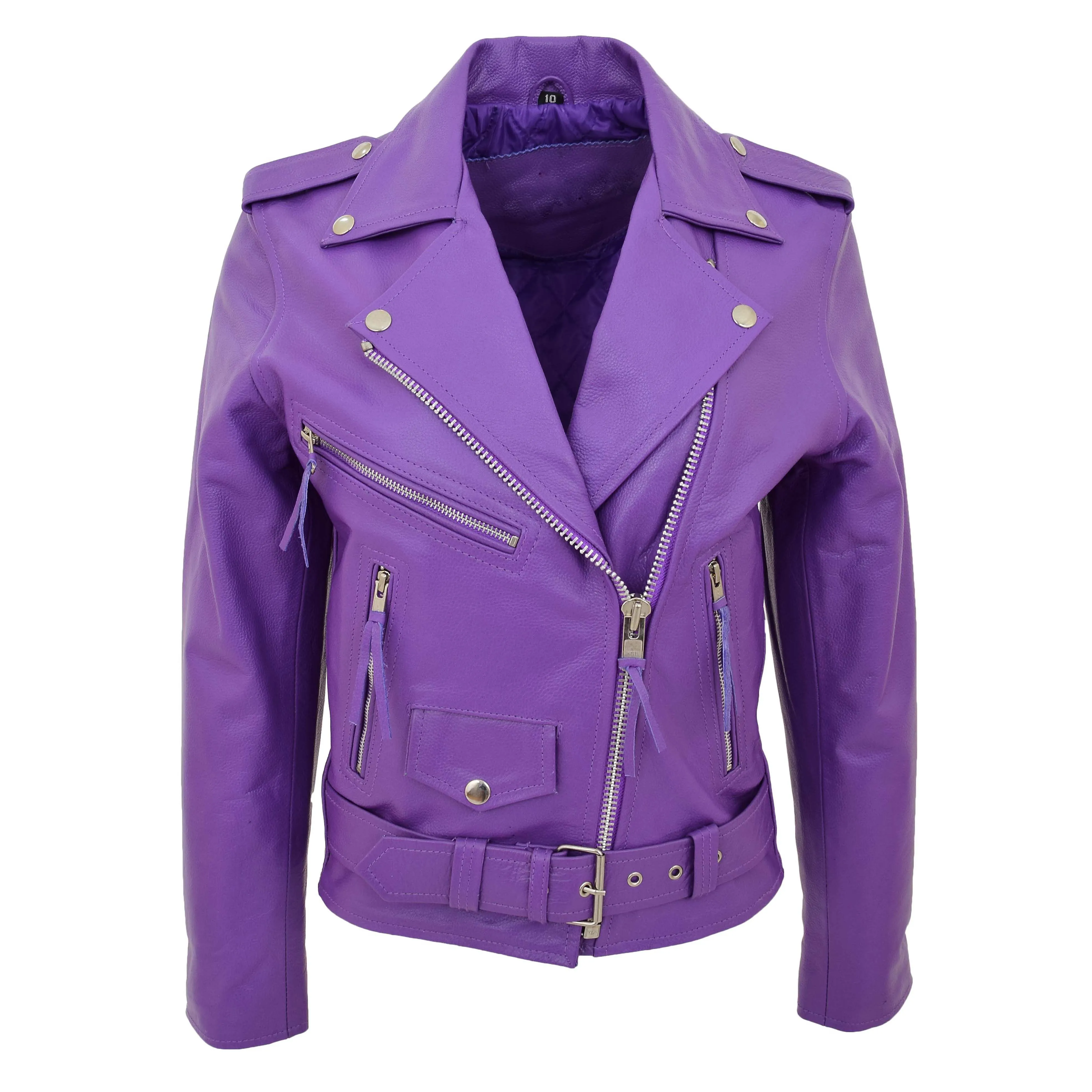 Womens Cowhide Biker Leather Jacket Brando Style Coat Helen Lilac