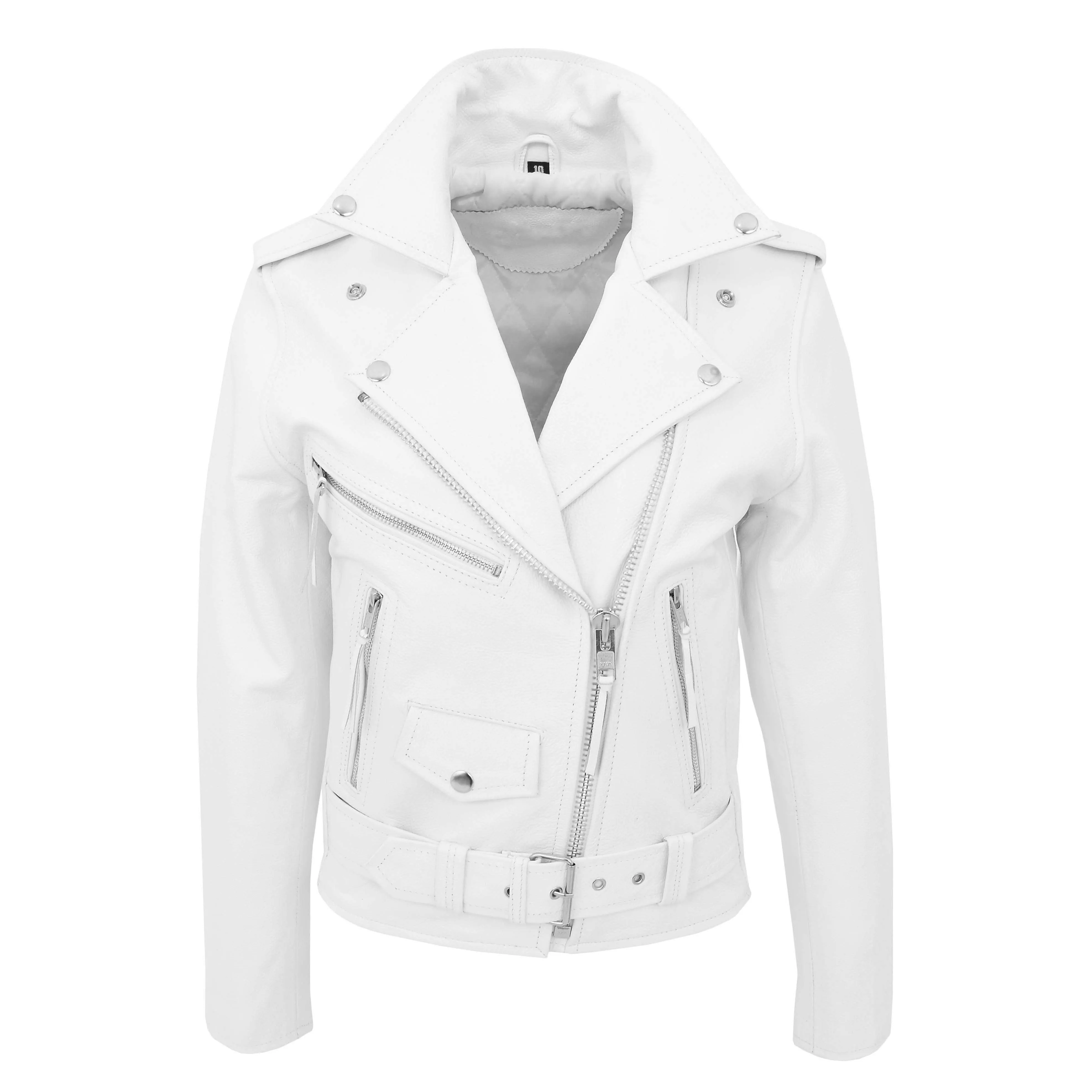 Womens Cowhide Biker Leather Jacket Brando Style Coat Helen White