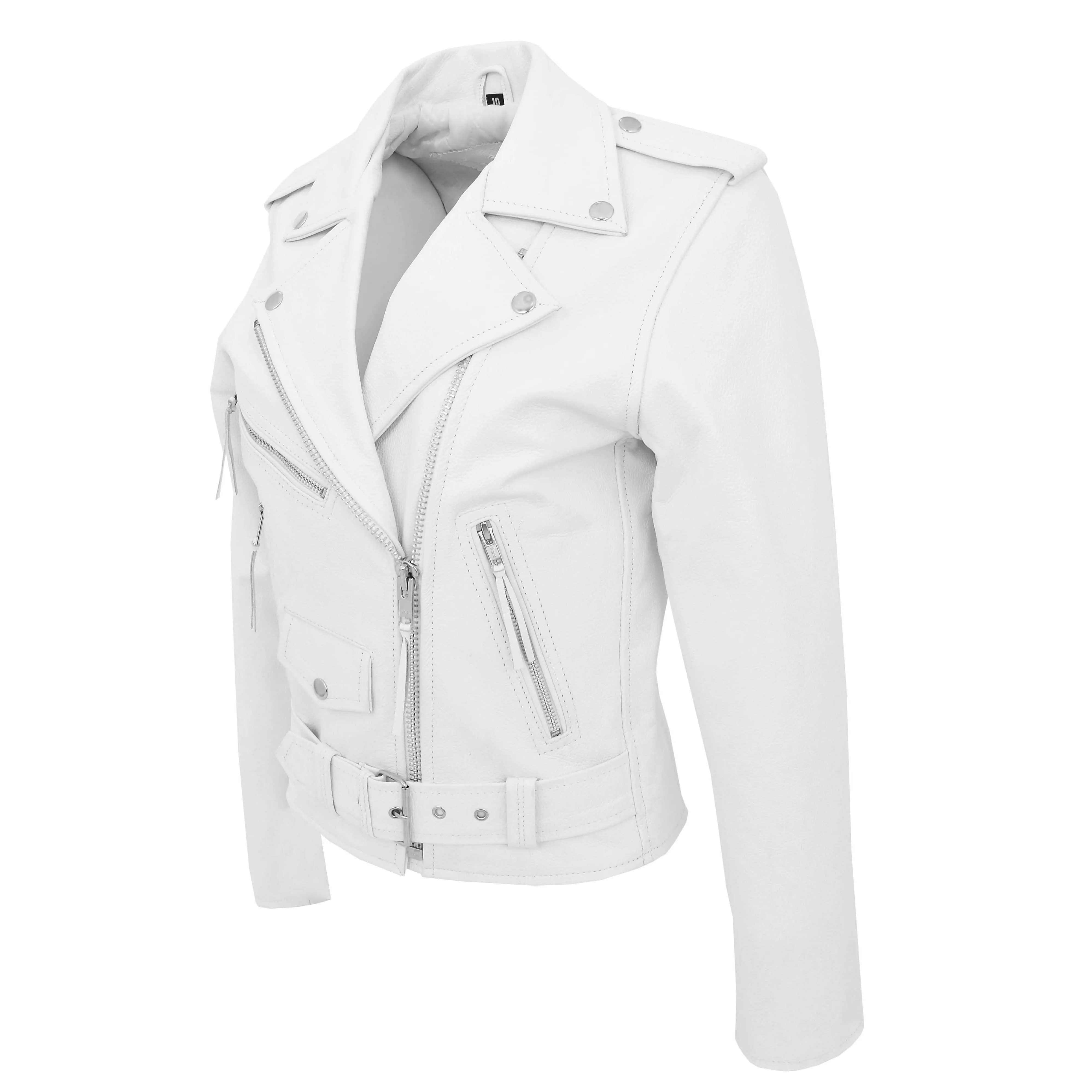 Womens Cowhide Biker Leather Jacket Brando Style Coat Helen White