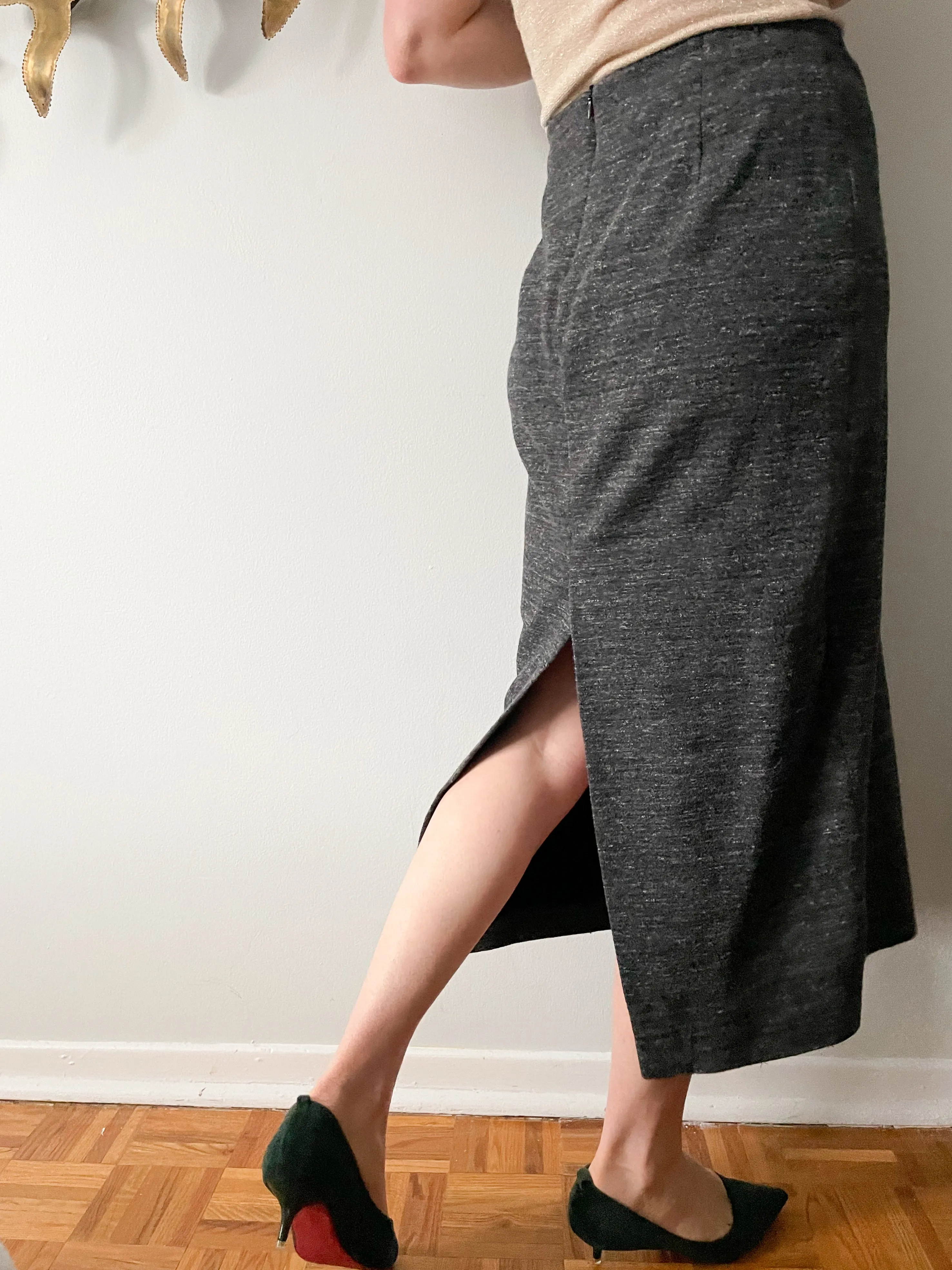 Zara Grey Stretch Knit Pencil Midi Skirt - Medium