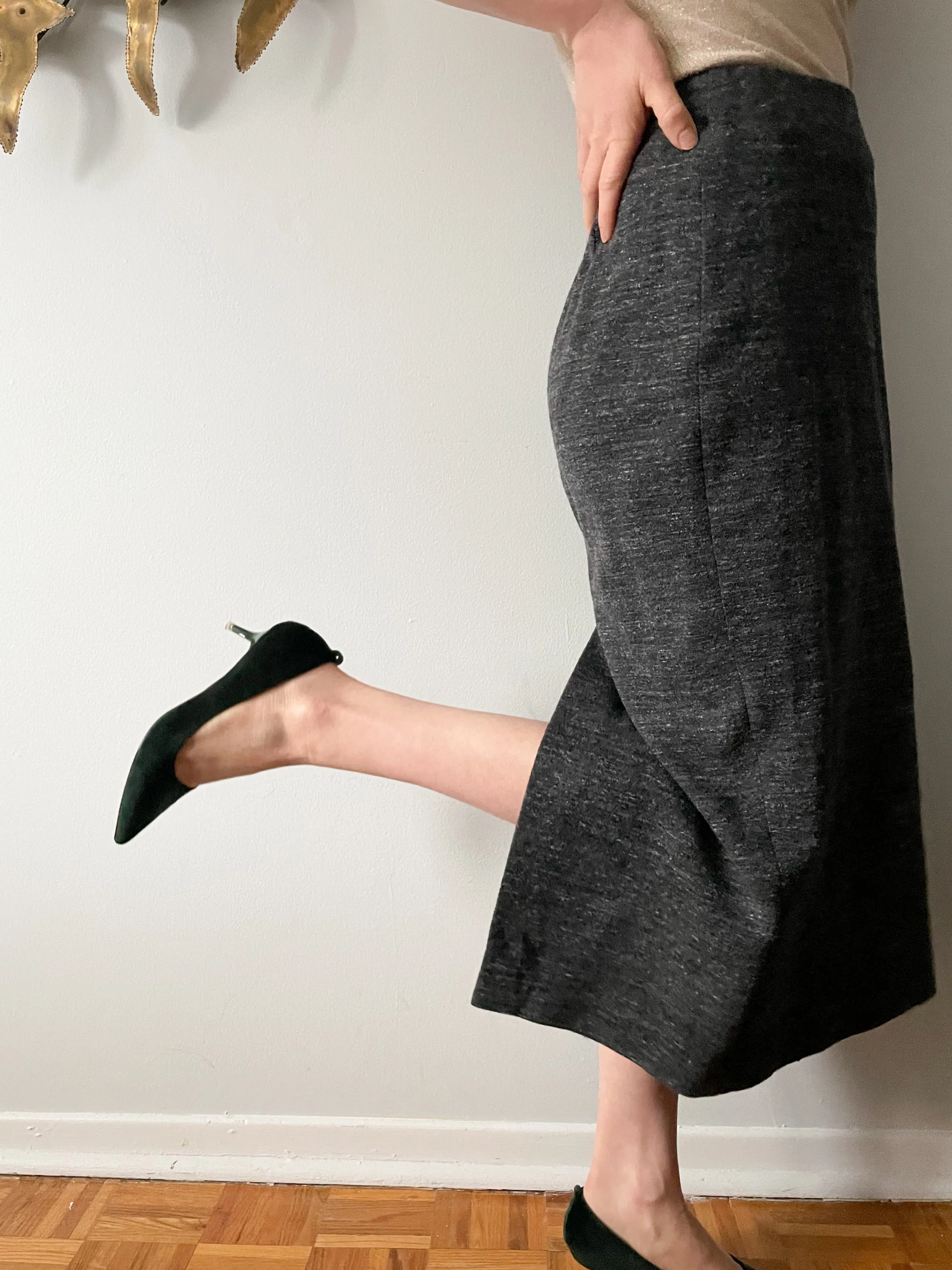 Zara Grey Stretch Knit Pencil Midi Skirt - Medium